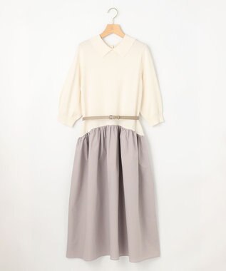 組曲 襟付きドッキング ニットワンピース ベージュ系