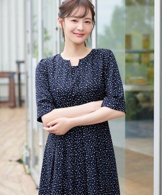 Tiaclasse L 五分袖柄ワンピース ネイビー