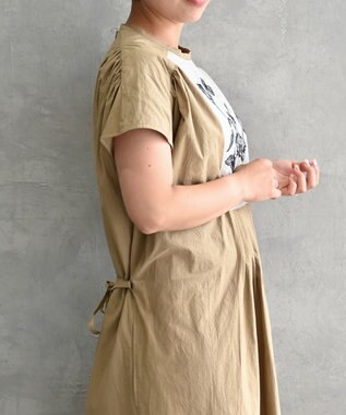 muuc 〈遠州織物〉ウエスト紐付き フレンチスリーブ ポピーの花刺繍 ワンピース ベージュ