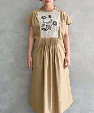  〈遠州織物〉ウエスト紐付き フレンチスリーブ ポピーの花刺繍 ワンピース