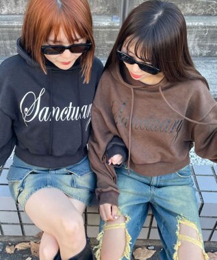 WEGO エンジェルプリントショートプルパーカー ブラック