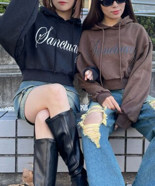 WEGO エンジェルプリントショートプルパーカー ブラック