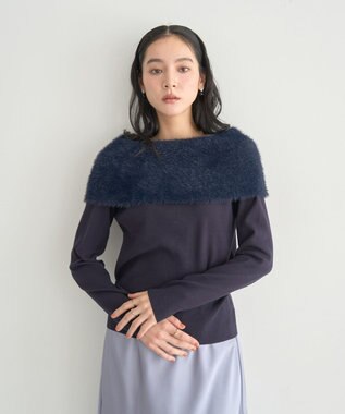 YECCA VECCA ファーMIXオフショルニット Navy