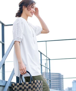 Tiaclasse 【2TYPE/総レース・袖レース】パンチングレースパフスリーブチュニックブラウス Bオフホワイト(袖のみレース）