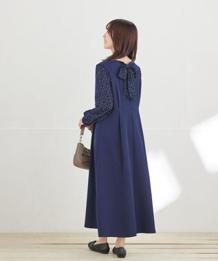 Tiaclasse L ドット柄コンビバックリボンタックワンピース ネイビー
