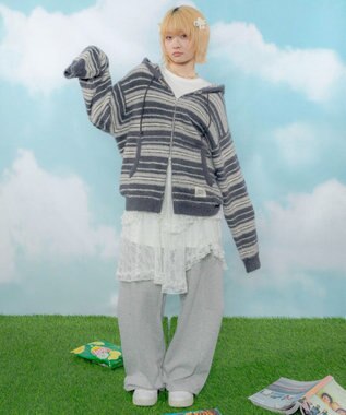 WEGO 【ユニセックス着用ITEM】シャギーボーダーニットパーカー ネイビー