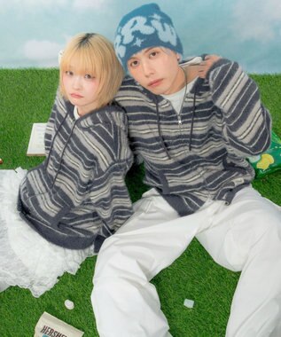 WEGO 【ユニセックス着用ITEM】シャギーボーダーニットパーカー ネイビー