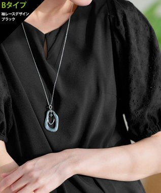 Tiaclasse 【2TYPE/総レース・袖レース】パンチングレースパフスリーブチュニックブラウス Bブラック(袖のみレース）