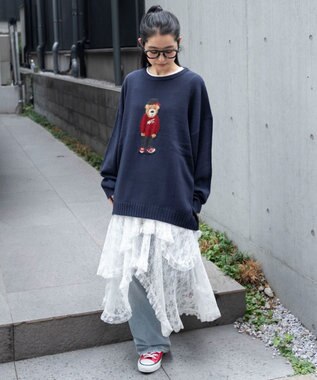 WEGO 【ユニセックス着用ITEM/MLサイズ展開】ジャガードアニマルプルオーバー ネイビー