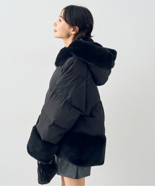 earth music&ecology フードファー中綿ショートコート ブラック