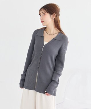 earth music&ecology スキッパー衿リブカーディガン Charcoal Gray