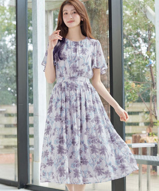 Tiaclasse 大花柄シフォンワンピース ブルー