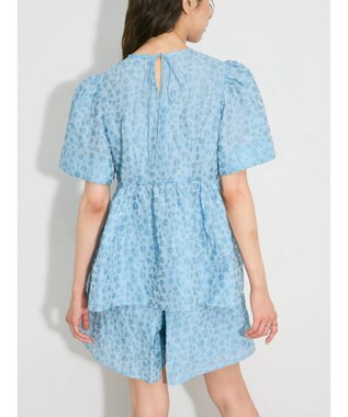 Green Parks パフスリーブジャガードペプラムブラウス Sax