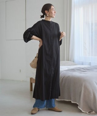 WEGO 【ANGIE VINTAGE】ボリュームスリーブ バンドカラー シャツワンピース ブラック