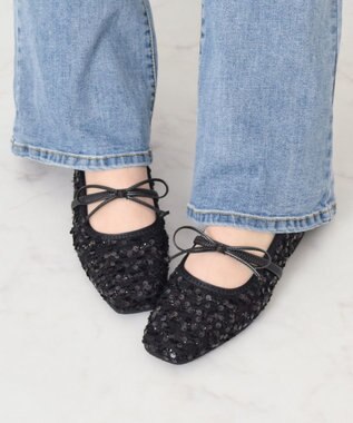 Bridget Birkin 【Bridget Birkin】ツイードスパンコールリボンパンプス ブラック雑材