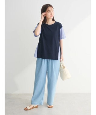 Green Parks 脇リボン５分袖布帛ドッキングプルオーバー Navy