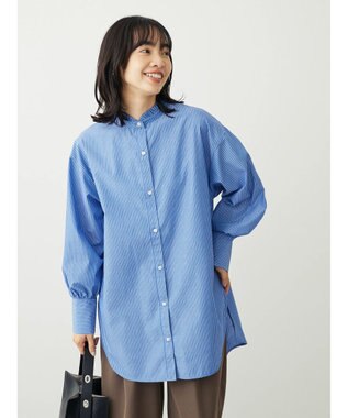 Green Parks イージーケアスタンドフリルシャツチュニック Stripe Blue