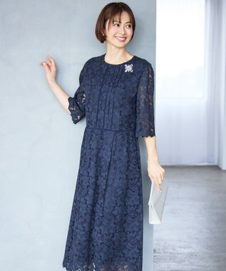 自由区 L 【19号サイズまで展開・オケージョン】フルールコードレース ワンピース ダークネイビー