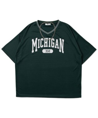 WEGO 【ユニセックス着用ITEM/2点セットネックレス付き/MLサイズ展開】アクセ付きラインリブメッシュプルオーバー ダークグリーン