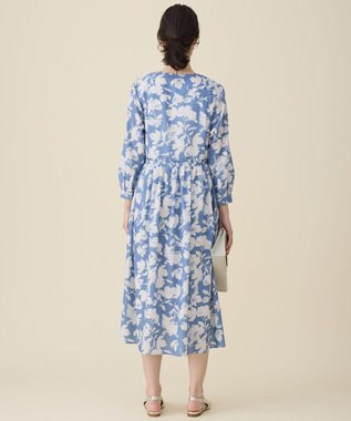 自由区 バイカラーフラワープリント ワンピース ブルー×グレージュ