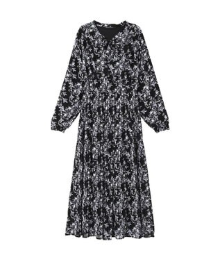 YECCA VECCA ボタニカル柄ボウタイプリーツワンピース Black