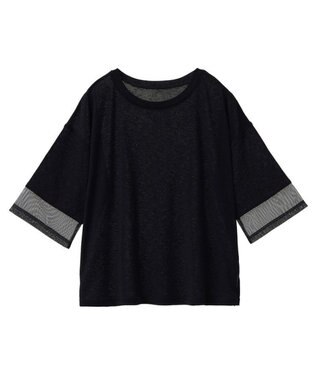 Green Parks 袖チュールドッキングシアー５分袖プルオーバー Black