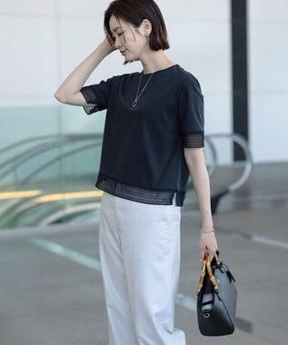 J.PRESS LADIES 【洗える】スムースジャージー レース カットソー ネイビー系