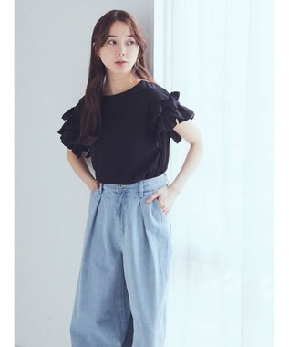 earth music&ecology フリルスリーブカットソー Black