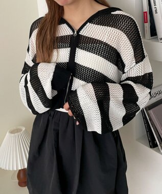 WEGO メッシュニットショートパーカー ブラックボーダー