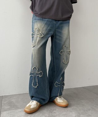 WEGO クロスモチーフオーバーダイバギーパンツ ブルー