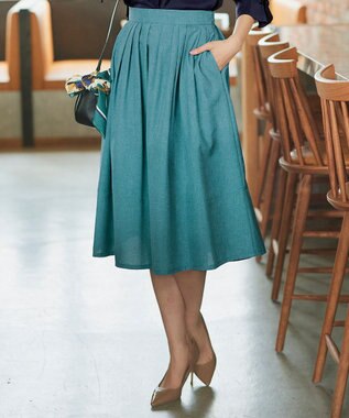 Tiaclasse 【選べる丈】麻調タックフレアスカート 膝丈ターコイズ