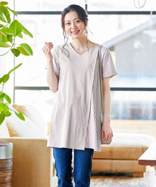 Tiaclasse 【洗える】体型カバーも叶うアシンメトリーストライプチュニックブラウス グレージュ