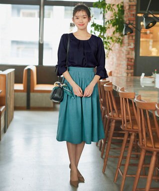 Tiaclasse 【選べる丈】麻調タックフレアスカート 膝丈ターコイズ