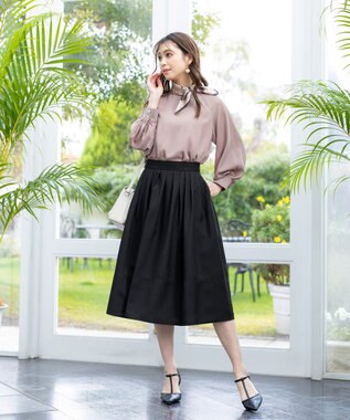 Tiaclasse 【選べる丈】麻調タックフレアスカート 膝丈ブラック