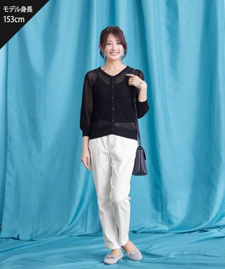 Tiaclasse L 【新色追加・洗える】パフスリーブ透かし編みニットカーディガン ブラック