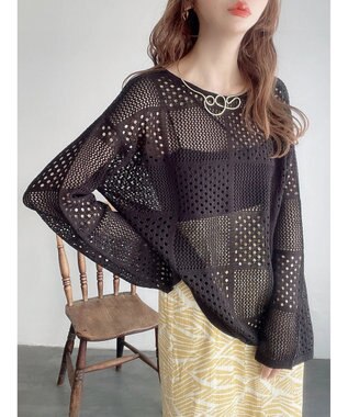 Green Parks ２ＷＡＹ透かし編みニットプルオーバー Black