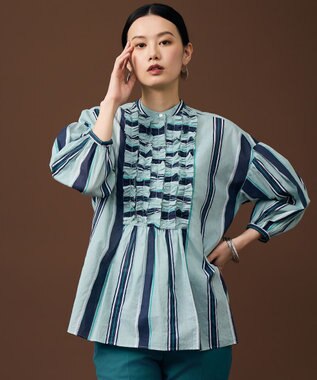 自由区 S 【着映える・涼やか】コットンストライププリントフリル ブラウス