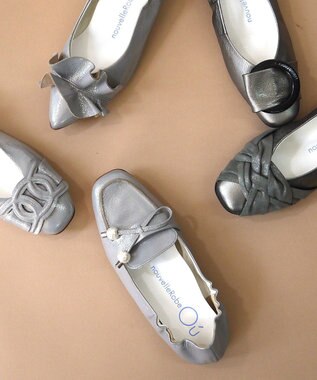 nouvelleRobe Oū 【本革・高反発】Square スクエアトゥ パール付きモカシン グリーンメタリック