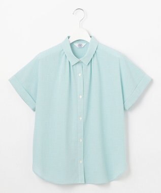 J.PRESS LADIES L 【洗える】SHEER ギンガム シャツ ブラウス オフ×アクアグリーン系