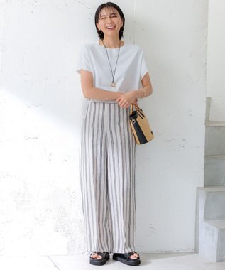 23区 【洗える】リネンストライプ ワイド パンツ ベージュストライプ
