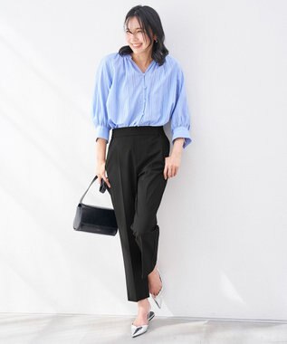 UNFILO ストライプレース ギャザーブラウス ブルー