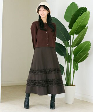 Feroux 胸元刺繍パールニット カーディガン ダークブラウン系