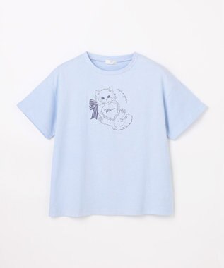 ANY KIDS 【綿100%/接触冷感】ひんやり オーバーサイズ アニマルTシャツ サックスブルー×ネコ