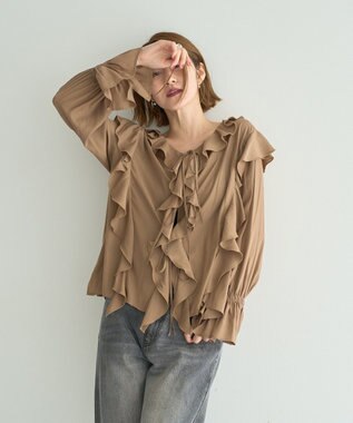 YECCA VECCA ラッフルリボンロングブラウス Camel