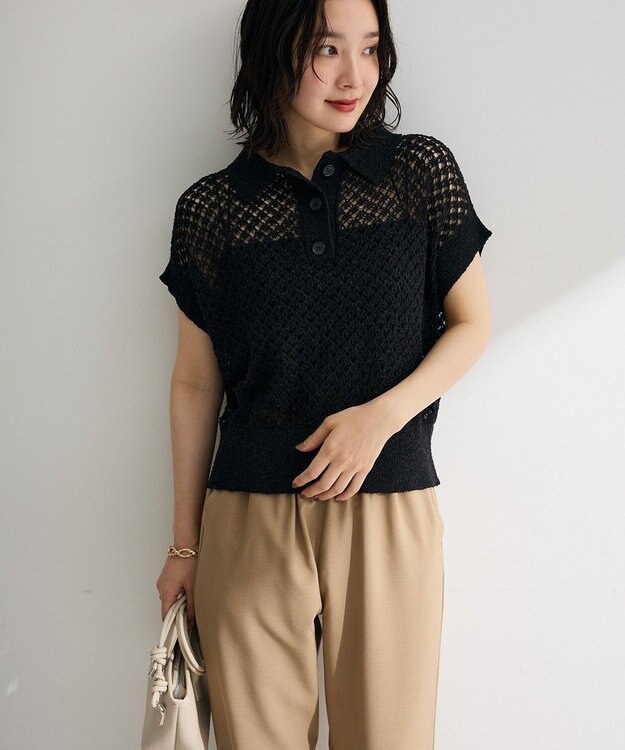 Green Parks 衿付き透かし編みニットプルオーバー Black