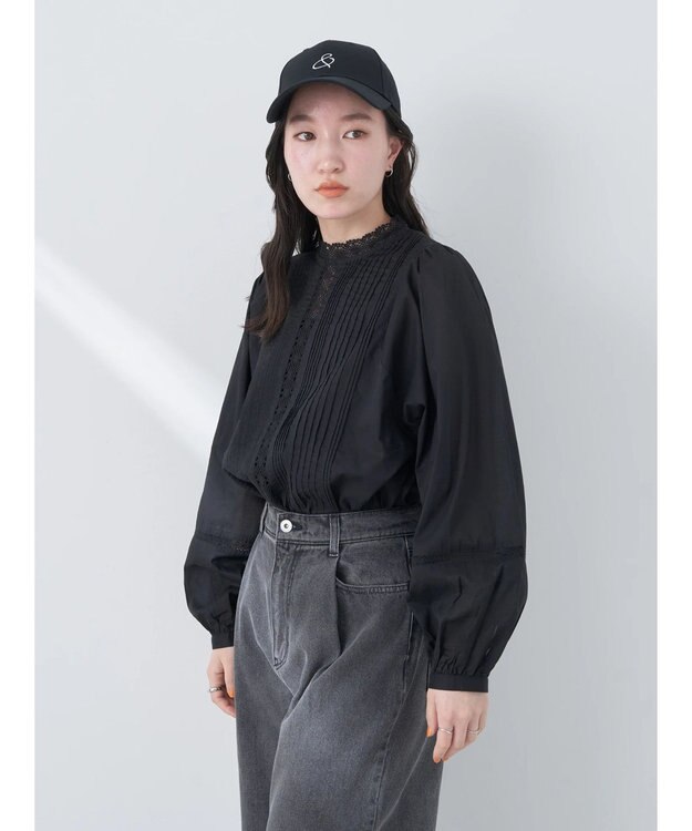 earth music&ecology ピンタックレースブラウス Black