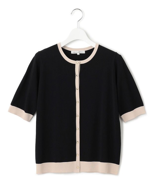 23区 【洗える】レーヨンポリエステルストレッチ 半袖 カーディガン ブラック×サンド