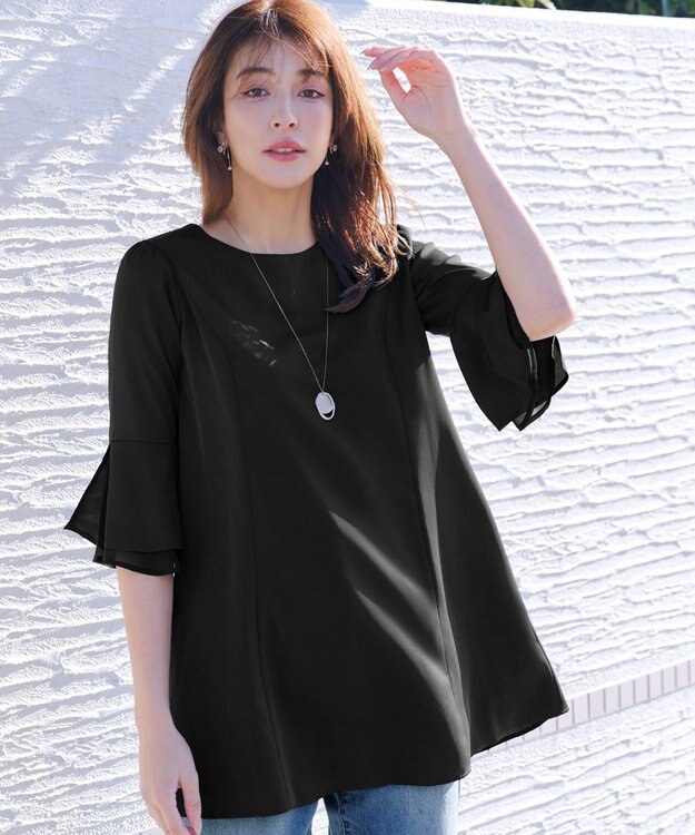 Tiaclasse 【新色追加】シフォンフレア袖チュニックブラウス ブラック