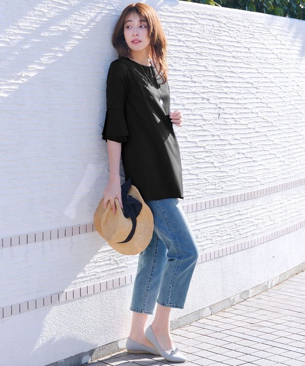 Tiaclasse 【新色追加】シフォンフレア袖チュニックブラウス ブラック