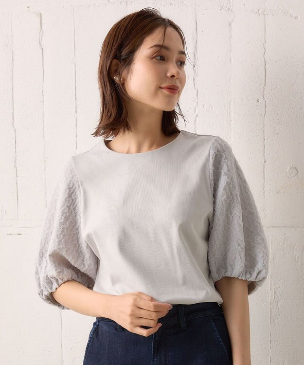 組曲 【洗える】レリーフスリーブジャージー カットソー ブルーグレー系